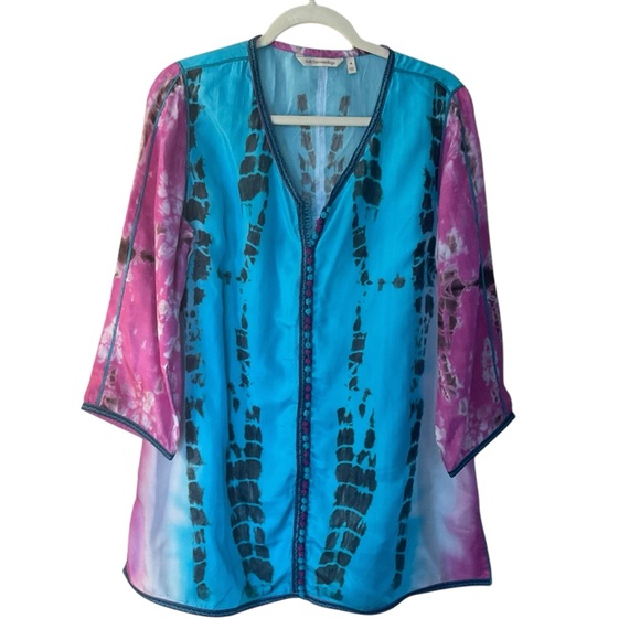 Soft Surroundings Silk Tie-Dye Tunic Top Blue Pink Sheer Button Front Size M - Picture 2 of 8